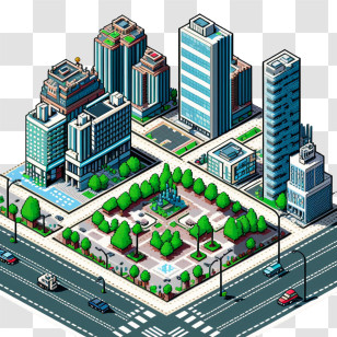 Pixel Art City - Pixel Art Isometric City Block With Park Transparent PNG