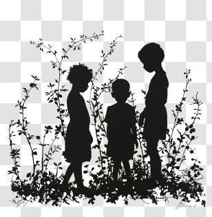 Children Silhouette - Silhouettes Of Three Children With Plants Transparent PNG