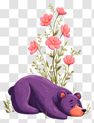 Cute Purple Bear - Purple Sleeping Bear With Flowers Transparent PNG