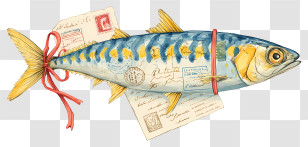 Watercolor Sardine - Artistic Fish With Letters And Postcards Transparent PNG