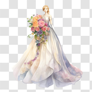 Wedding Dress - Elegant Wedding Dress With Floral Bouquet Transparent PNG
