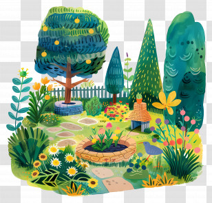 Garden Backyard Scene - Colorful Garden With Trees And Flowers Transparent PNG