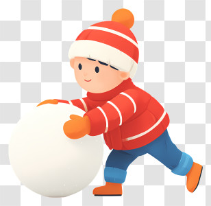 Child Pushing Snowball - Child In Winter Clothes Rolling Snowball Transparent PNG