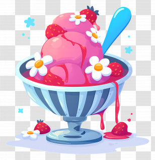 National Sundae Day - Strawberry Ice Cream Bowl With Flower Garnish Transparent PNG