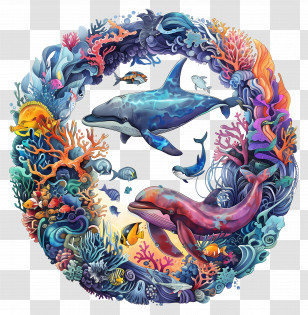 World Oceans Day - Vibrant Marine Life Circle Artwork Transparent PNG