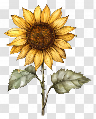 Sunflower With Stem - Yellow Sunflower Botanical Illustration Transparent PNG