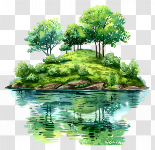 Summer Park - Lush Green Island Landscape With Lake Reflection Transparent PNG