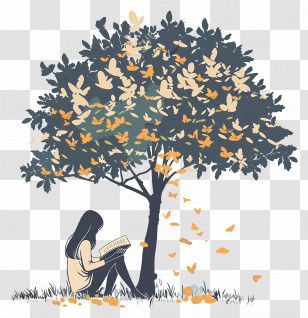Girl Reading Book - Girl Reading Under Tree With Butterflies Transparent PNG