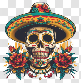 Cinco De Mayo - Decorative Day Of The Dead Skull With Floral Hat Transparent PNG