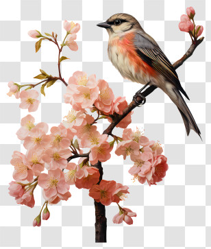 Bird - Bird Perched On Cherry Blossom Branch Illustration Transparent PNG