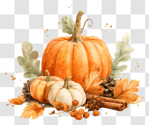 Pumpkin Surrounded By Dried Leaves - Watercolor Pumpkin Harvest Still Life Transparent PNG