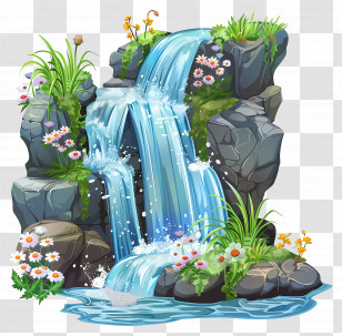 Waterfall - Beautiful Waterfall With Rocks And Flowers Transparent PNG