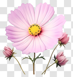 Flat Cosmos Flower - Beautiful Pink Cosmos Flower With Buds Transparent PNG