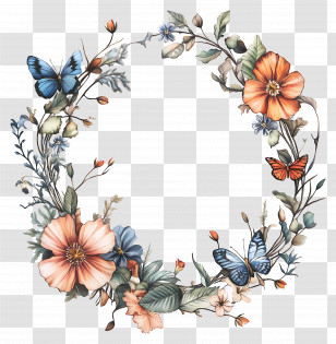 Floral Wreath With Butterflies - Delicate Floral Wreath With Butterflies Transparent PNG