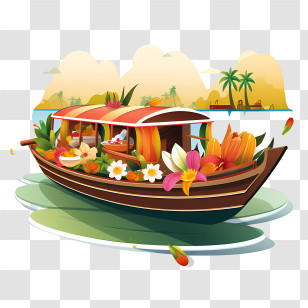 Onam Boat - Tropical Fruit And Flower Boat In Scenic Landscape Transparent PNG