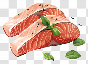 Fish Meat - Fresh Raw Salmon Steak With Basil Leaves Transparent PNG