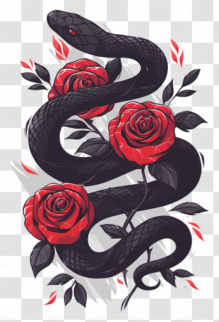 Sleeve Tattoo - Black Snake With Red Roses Design Transparent PNG