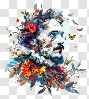 Shakespeare Day - Artistic Floral Portrait With Butterflies Transparent PNG