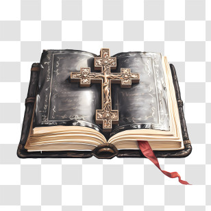 Bible With Cross - Illustrated Open Bible With A Metallic Cross Transparent PNG