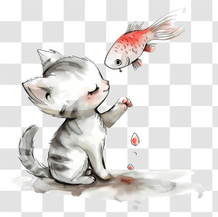 Cat Kissing Fish - Adorable Kitten And Fish Cartoon Transparent PNG