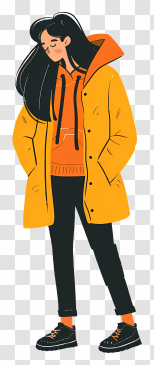 Woman In Jacket - Stylish Woman In Yellow Coat And Orange Hoodie Transparent PNG