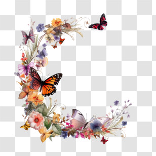 Flower Frame - Floral Design With Butterflies Transparent PNG