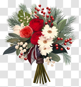 Trendy Retro Style Christmas Bouquet - Christmas Flower Bouquet With Roses And Pine Transparent PNG