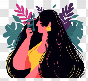 Woman Combing Long Hair - Woman Combing Hair With Leafy Background Transparent PNG