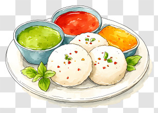 Indian Idli Dish - Idli With Chutney Trio Transparent PNG