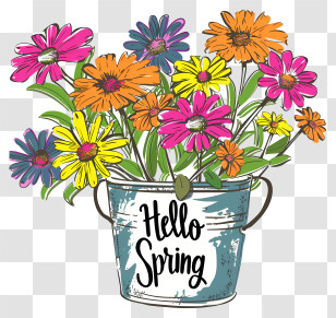 Hello Spring - Spring Flowers In Decorative Bucket Transparent PNG