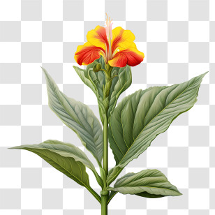 Canna Indica - Red-Orange Hibiscus Flower With Leaves Transparent PNG