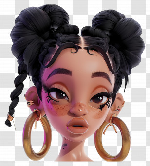 Cardi B - Cartoon Girl With Bun Hairstyle And Gold Earrings Transparent PNG
