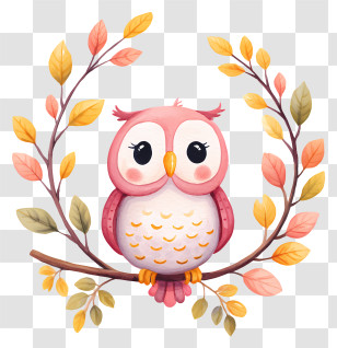 Cartoon Owl On Tree - Pink Owl On Branch With Leaves Transparent PNG