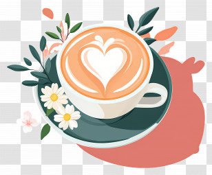 Morning Coffee - Cup Of Coffee With Heart Latte Art And Flowers Transparent PNG