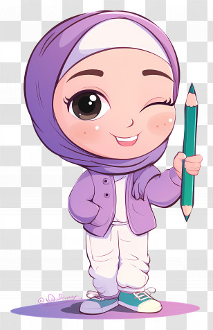 Muslim Girl Holding Pen - Cute Girl With Pencil Illustration Transparent PNG