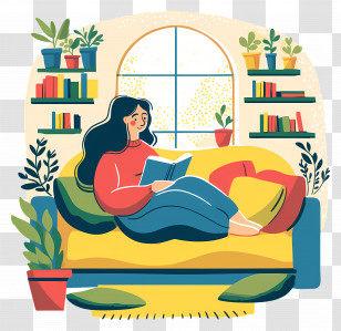 Books Reading Woman - Woman Reading A Book On A Yellow Couch Illustration Transparent PNG