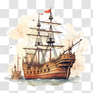 Columbus Day - Illustration Of A Wooden Sailing Ship At Sea Transparent PNG