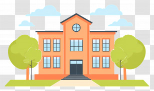Cartoon School - Orange School Building With Trees Transparent PNG