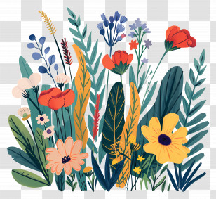 Flower Garden Cartoon - Colorful Wildflowers In A Vibrant Botanical Arrangement Transparent PNG