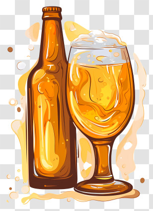 Beer - Illustration Of Beer Bottle And Glass With Foam Transparent PNG