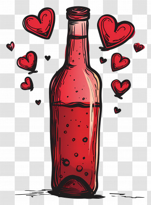 Wine Bottle - Red Bottle Design Filled With Heart Motifs Transparent PNG