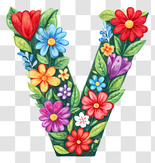 Letter V With Flowers - Floral Letter V Design Transparent PNG