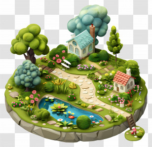 English Garden - Charming Cartoon Nature Landscape With Houses And Pond Transparent PNG