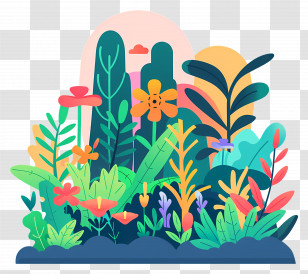 Garden - Illustrated Colorful Garden Of Flowers And Plants Transparent PNG