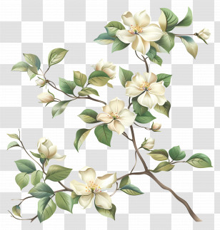 Cream Flowers - White Flowering Branch Botanical Illustration Transparent PNG