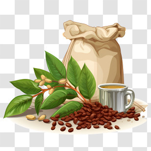 Coffee Beans Bag - Coffee Beans And Plant Illustration Transparent PNG