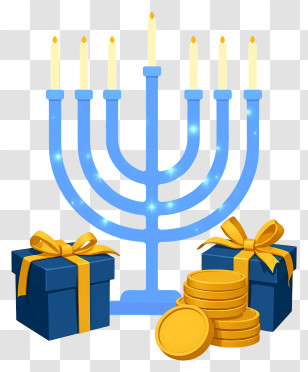 Hanukkah Menorah - Blue Menorah With Gifts And Gelt Transparent PNG