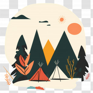Summer Camp - Camping Tents And Forest In Minimalist Style Transparent PNG
