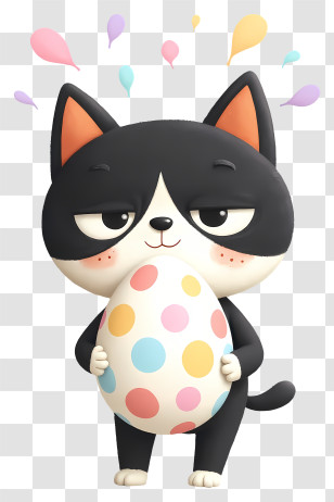 Cat Mascot Celebrating Easter Day - Black Cat Holding Easter Egg Transparent PNG