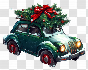 Christmas Car - Green Vintage Car With Christmas Tree Transparent PNG